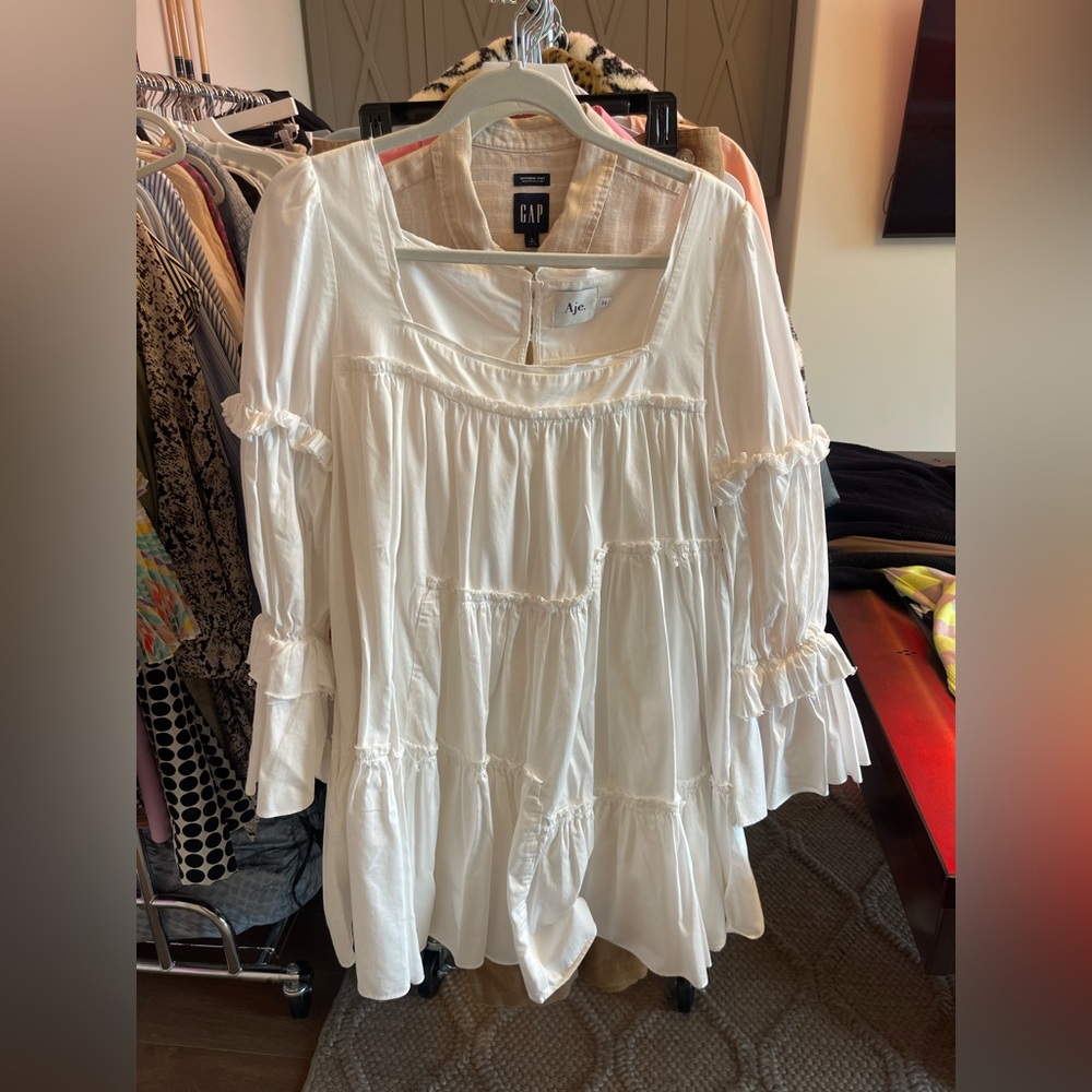 Aje L’espirit Ruffle Trim White Long Sleeve Mini Dress - Picture 3 of 8